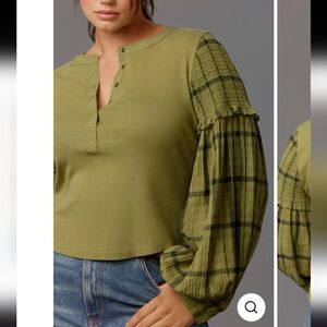 Pilcro Andie Ribbed Henley Top Women's XL Olive Green Plaid Balloon Sleeves Boho
